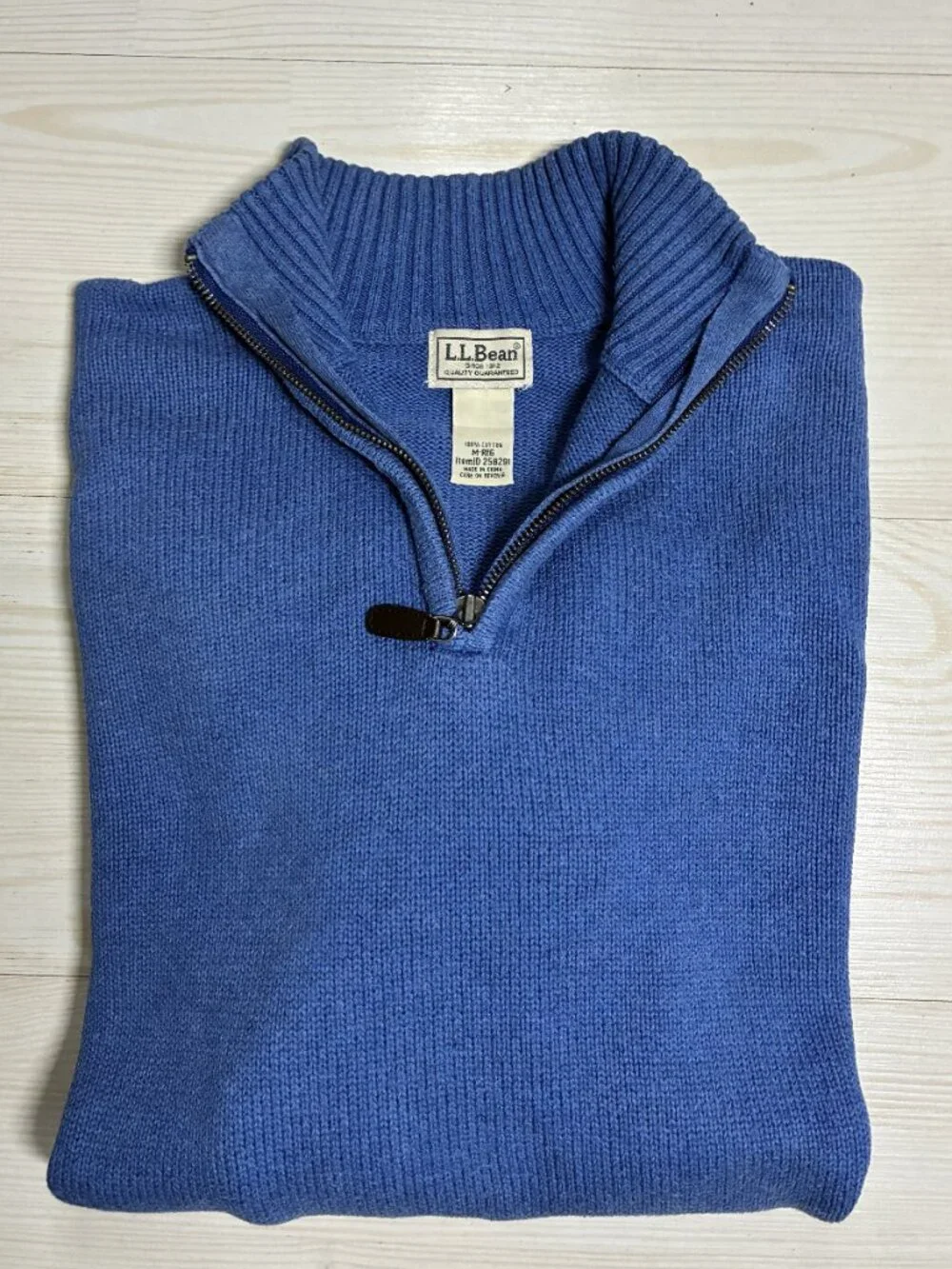 LL Bean Men's M Regular Blue Cotton 1/4 Zip Ribbed Knit Sweater